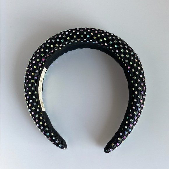 Black Padded 1.5” Headband with Rhinestone-Adorned Mesh Overlay Handmade - Picture 9 of 10